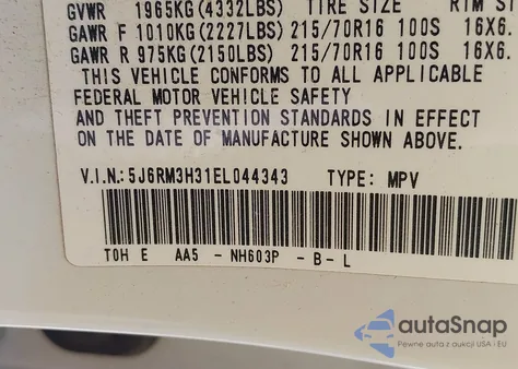 2014 Honda Cr-V Lx z USA, uszkodzony, nr VIN 5J6RM3H31EL044343